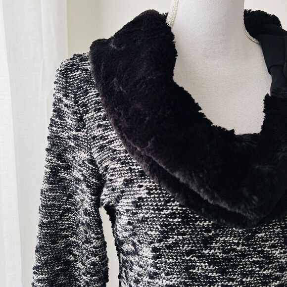 Frank Lyman Soft Fur Collar Black & Gray Stretchy Elegant Sweater - Size 8 - Picture 3 of 8